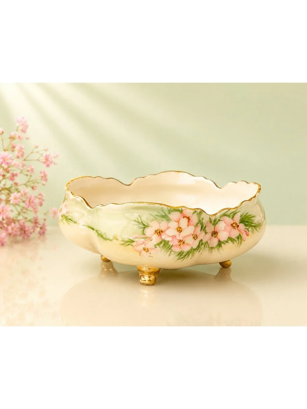 Antique 1900s Hand Painted Footed Bowl Pink Flowers Signed Porcelain, DAMAGED